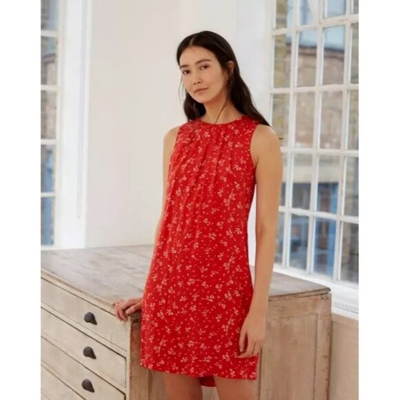 Jigsaw Dandelion Floral Pleated Neck Shift Dress Womens Size 4 Boho Prairie Red - Picture 1 of 8